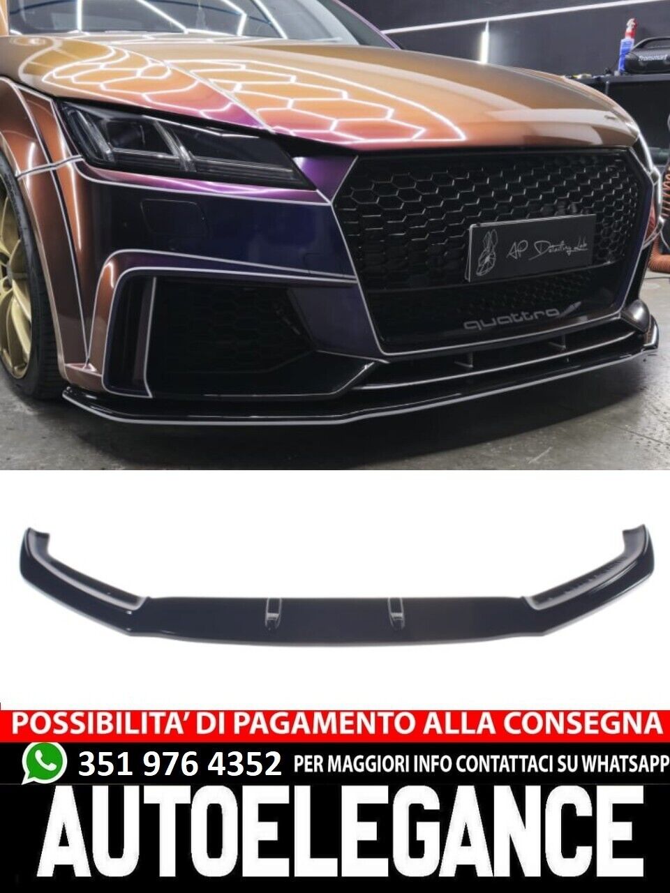 SPLITTER ANTERIORE PER AUDI TT FV MK3 2015+ ADATTO A PARAURTI RS NERO LUCIDO ABS