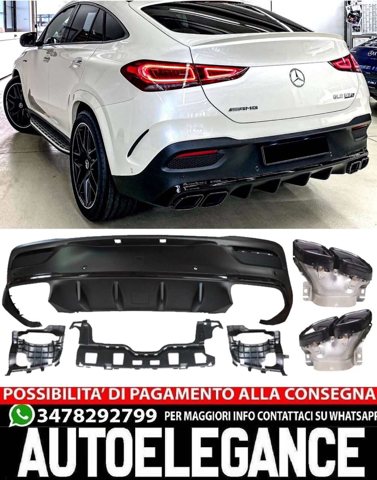 DIFFUSORE NERO+TERMINALI ADATTO PER MERCEDES W167 C167 GLE COUPE LOOK 63 AMG