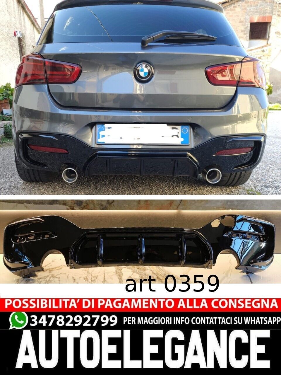 DIFFUSORE ADATTO PER BMW SERIE 1 F20 F21 MSPORT 2015-2019 1+1 LOOK NERO LUCIDO