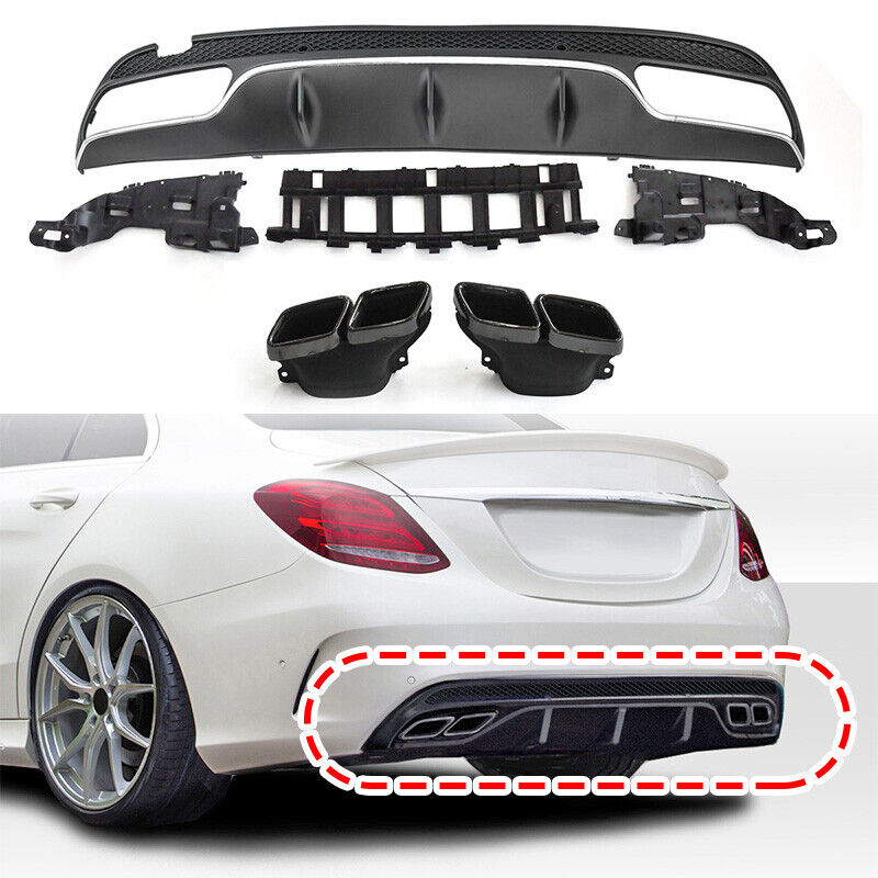 🔥DIFFUSORE+TERMINALI ADATTO PER MERCEDES BENZ W205 NERO LUCIDO+CROMATO🔥