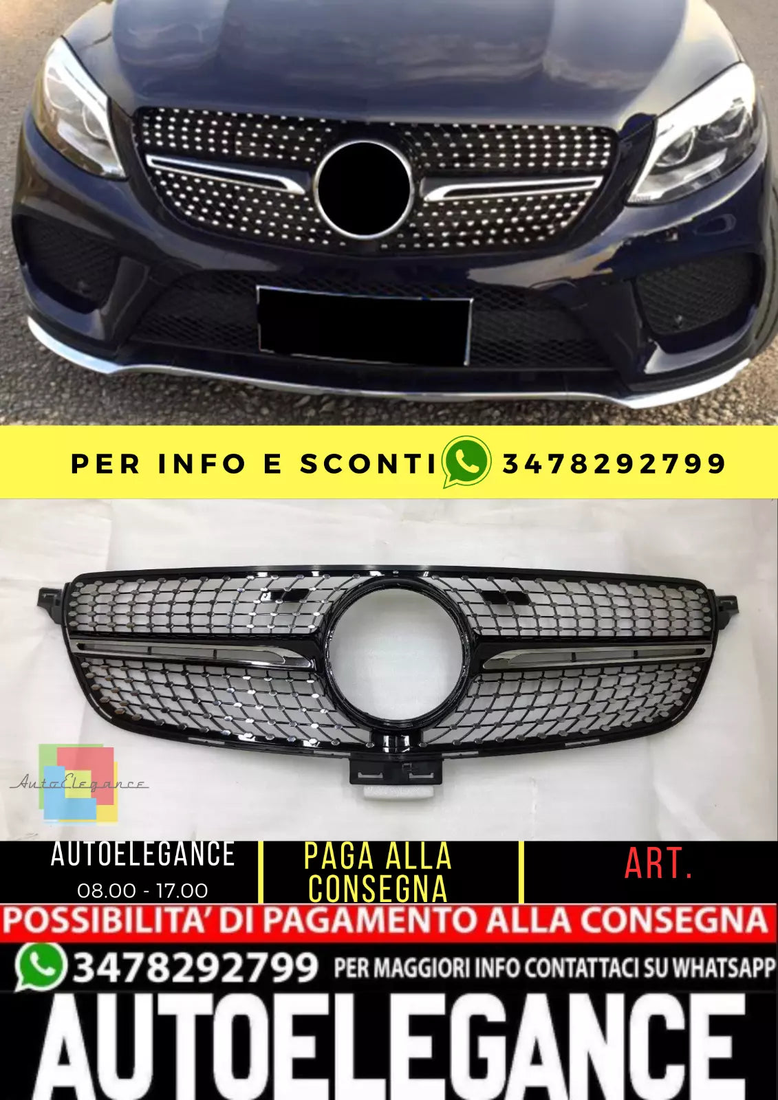 💥GRIGLIA RADIATORE NERA DIAMANTATA ADATTO PER Mercedes Benz GLE W166 15-18 💥