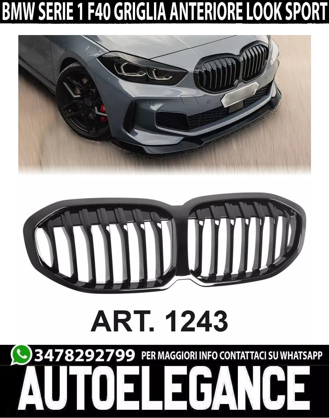 💥1243 CALANDRA PER BMW SERIE 1 F40 GRIGLIA ANTERIORE NERA LOOK M SPORT💥