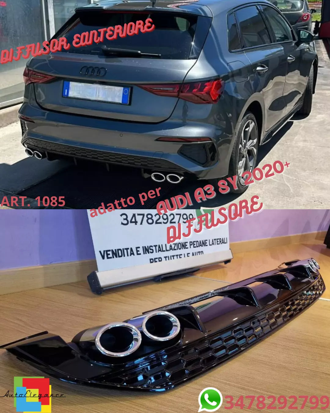 💎1085 DIFFUSER SUITABLE FOR AUDI A3 8Y 20+ SPORTBACK LOOK S3 FOR SLIN BUMPER💎 