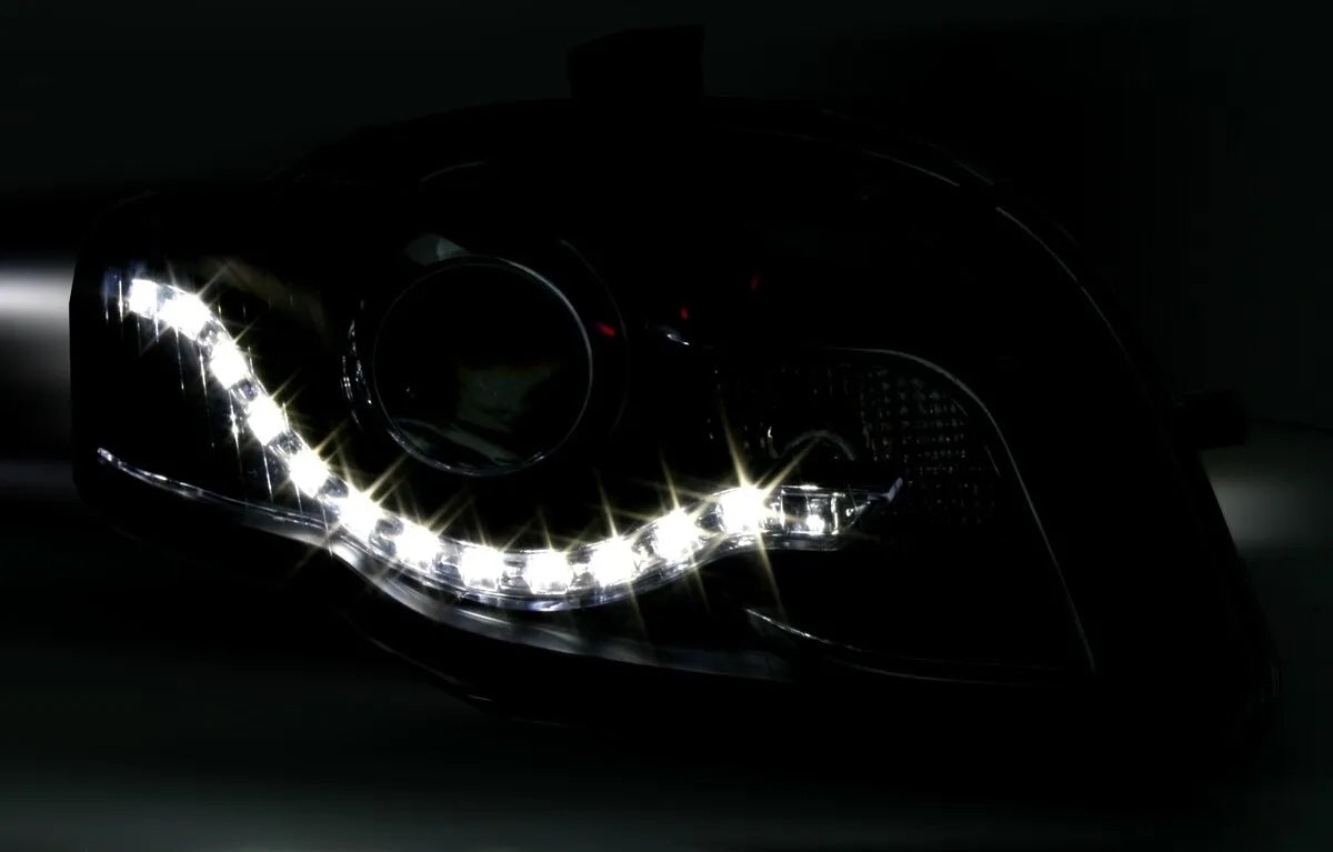 🔥Set fari neri per Audi A4 B7 con ottica luce di marcia diurna a LED BAR🔥