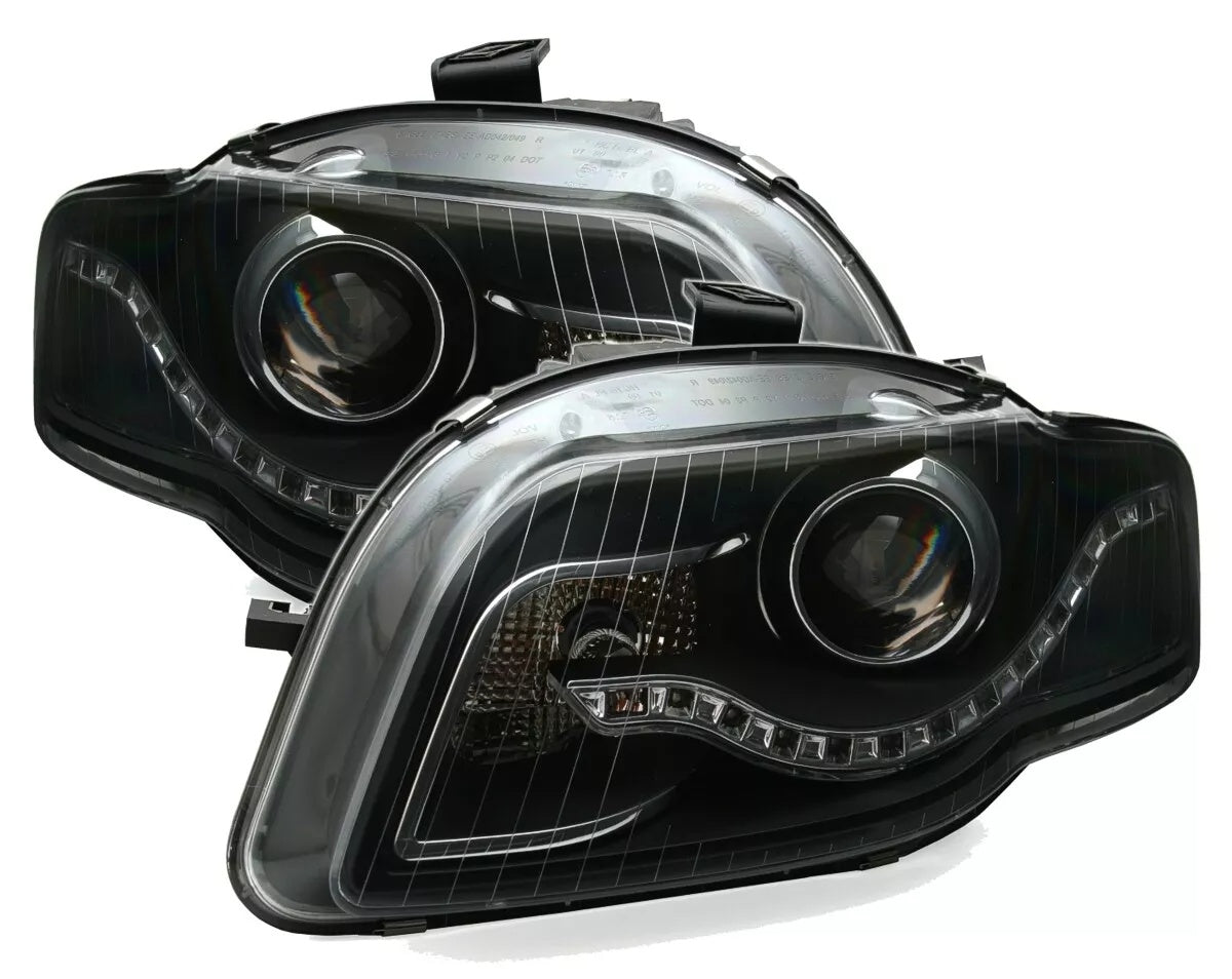 🔥Set fari neri per Audi A4 B7 con ottica luce di marcia diurna a LED BAR🔥