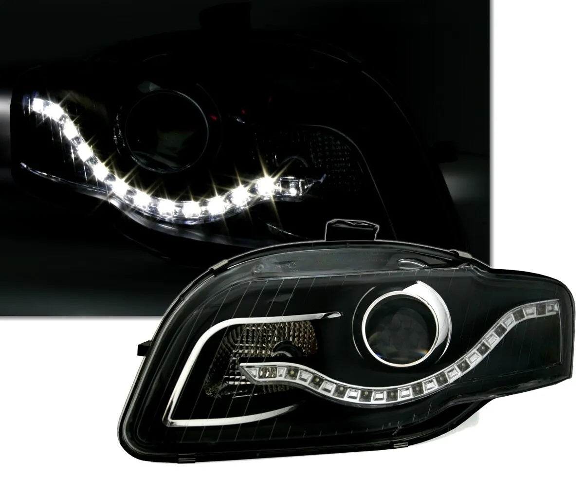 🔥Set fari neri per Audi A4 B7 con ottica luce di marcia diurna a LED BAR🔥
