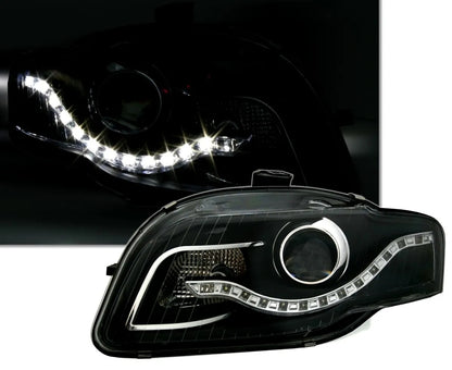 🔥Set fari neri per Audi A4 B7 con ottica luce di marcia diurna a LED BAR🔥