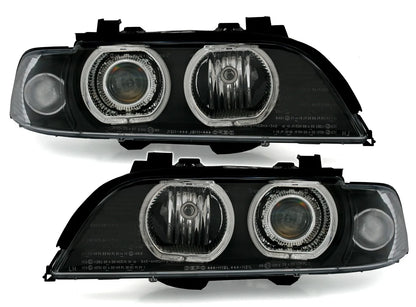 🔥Set fari Angel Eyes per serie 5 BMW E39 1995-2000 V2 anelli LED neri H7🔥