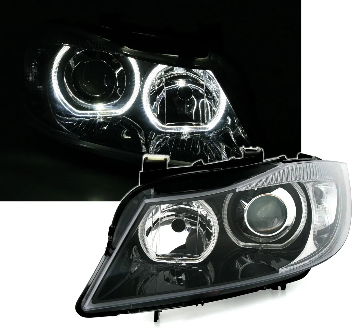 🔥Set fari angel eye per BMW E90 E91 anno 05-08 anello LED bianco nero🔥