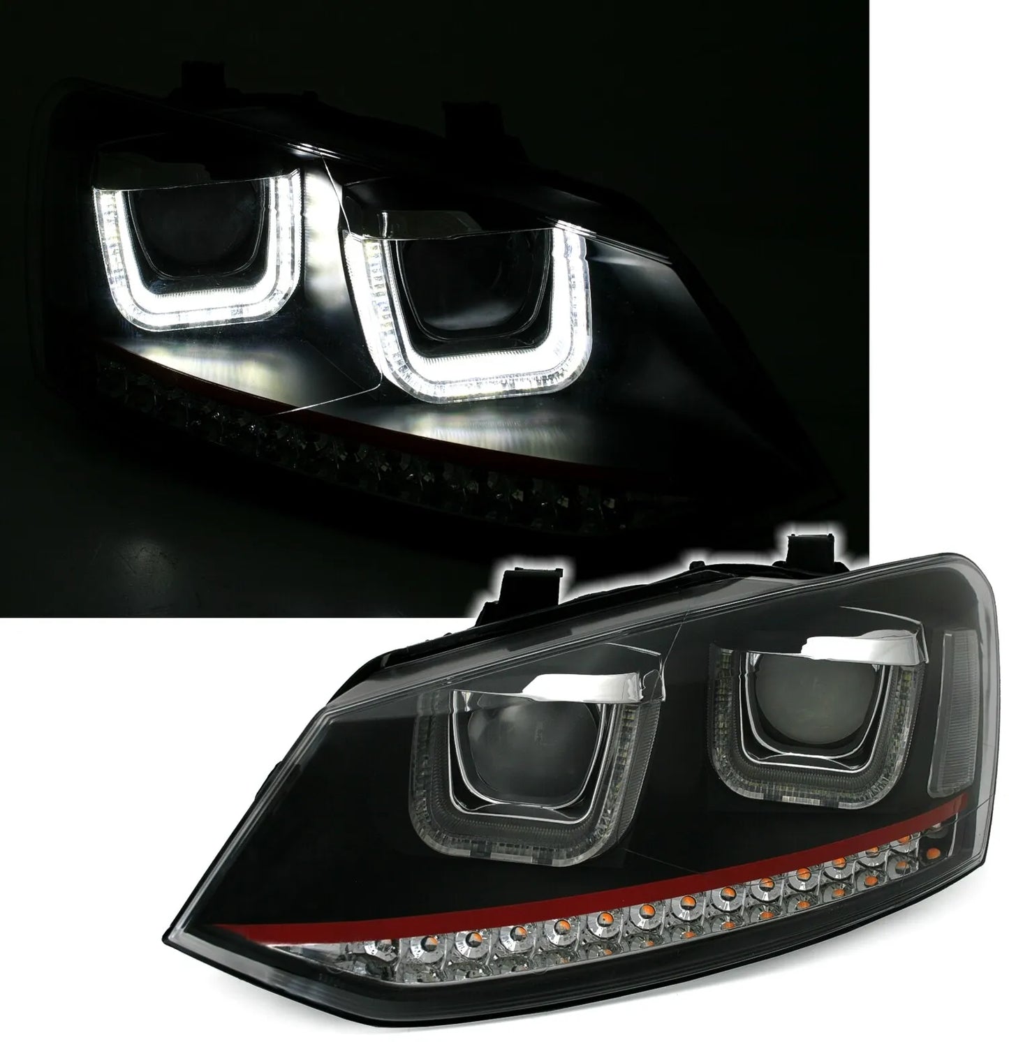 🔥Set fari per VW Polo 6R / 6C con striscia rossa U-Tube LED🔥