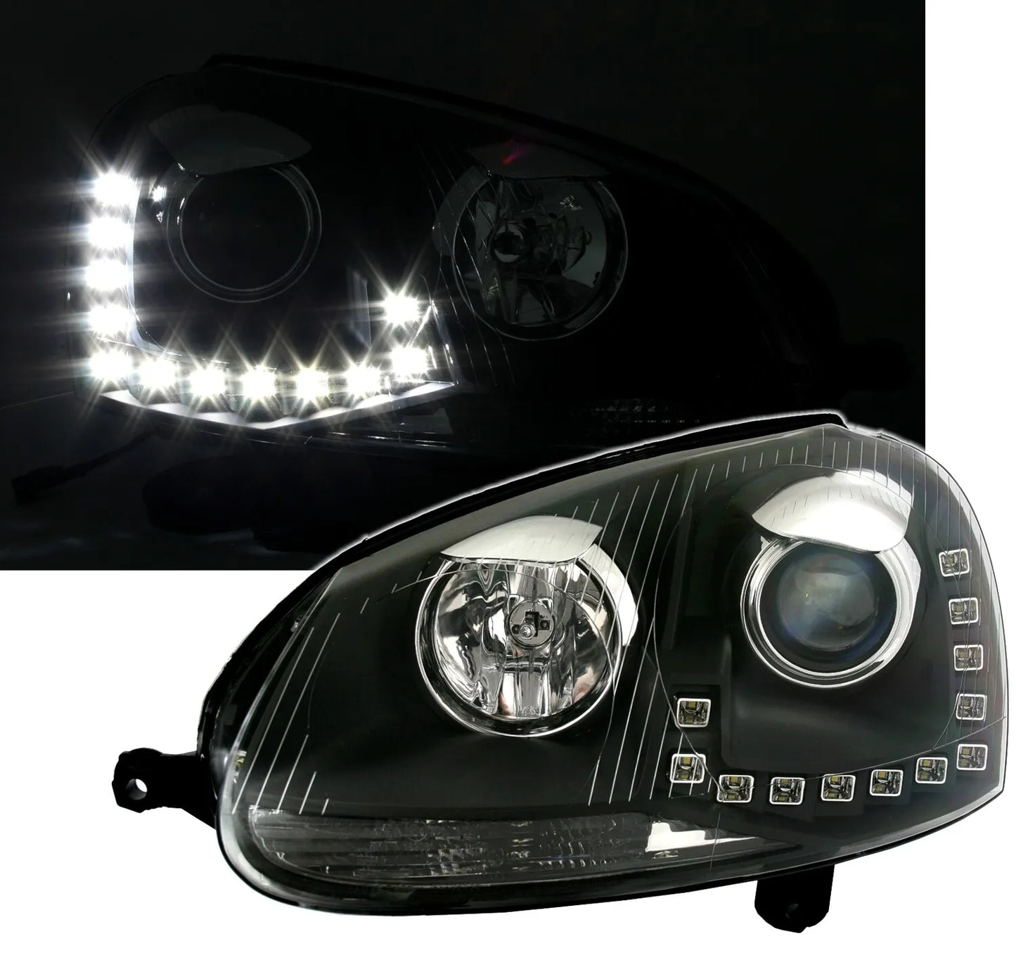 🔥Set fari per VW Golf 5 + Jetta 3 in nero con luci di marcia diurna a LED TFL DRL🔥