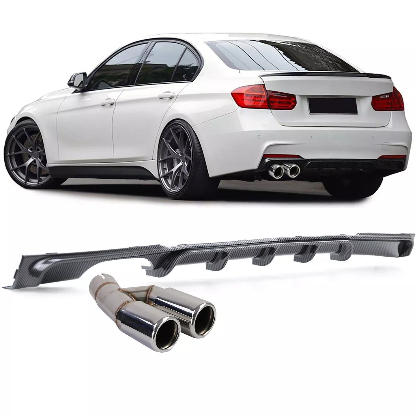 🔥Diffusore posteriore in carbonio+doppio tubo cromato per BMW F30 F31 316 318🔥