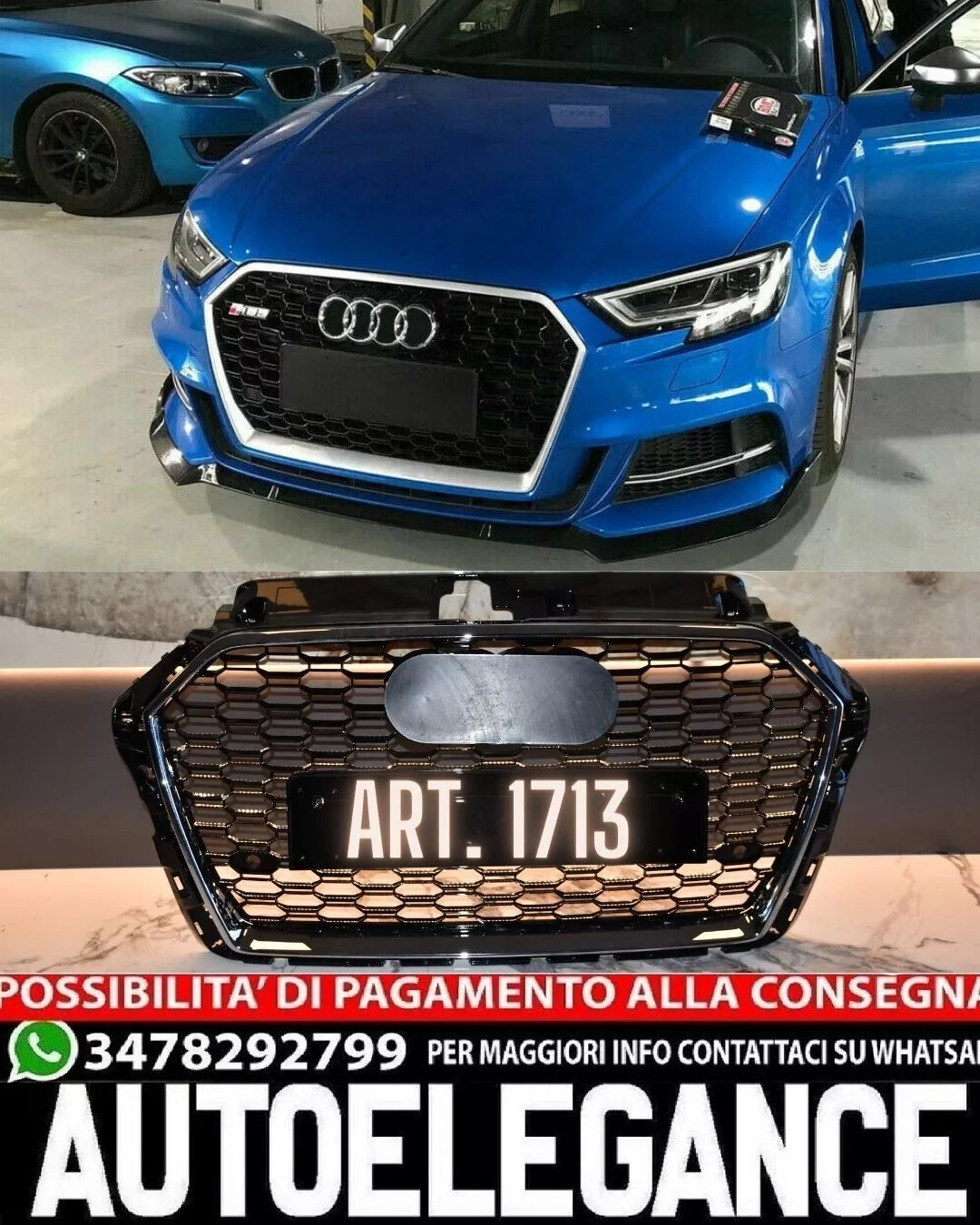1713⭐GRIGLIA ADATTA PER AUDI A3 8V 17-20 LOOK RS3 BORDO CROMATO DESIGN SPORTIVO⭐