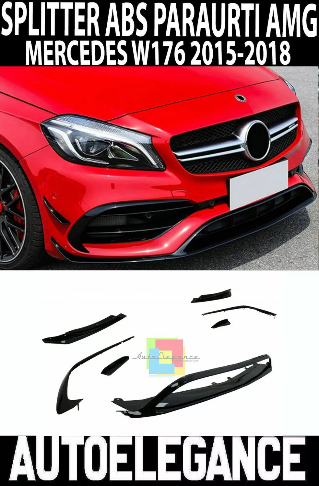 0065⭐ MERCEDES A W176 15-18 SPLITTER PER PARAURTI ANTERIORE AMG A45 ABS NERO ⭐