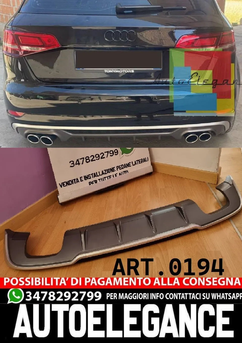 0194⭐SOTTO PARAURTI ADATTO PER AUDI A3 8V SPORTBACK 16-19 RESTYLING DIFFUSOR S3⭐