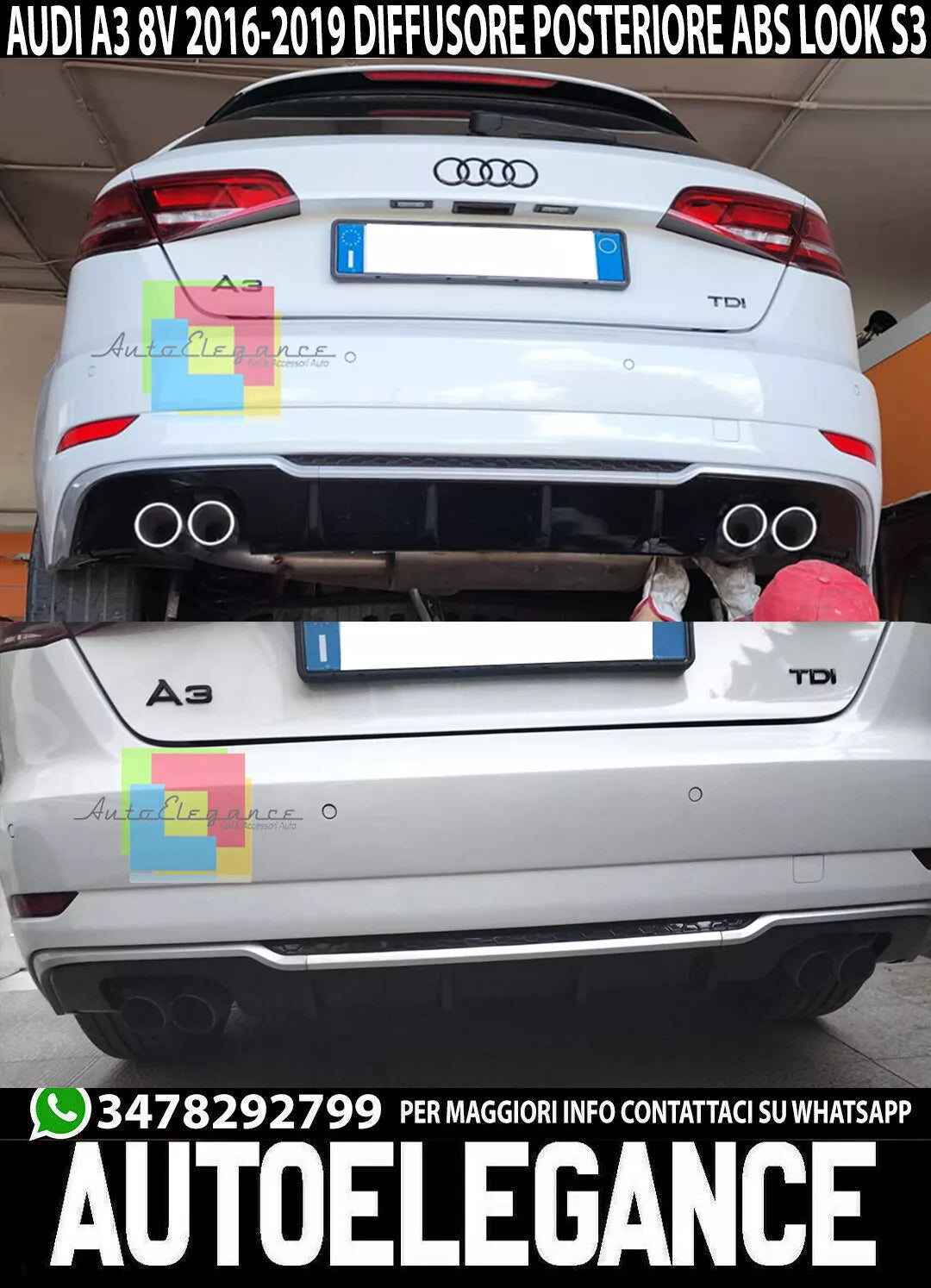 0194⭐SOTTO PARAURTI ADATTO PER AUDI A3 8V SPORTBACK 16-19 RESTYLING DIFFUSOR S3⭐