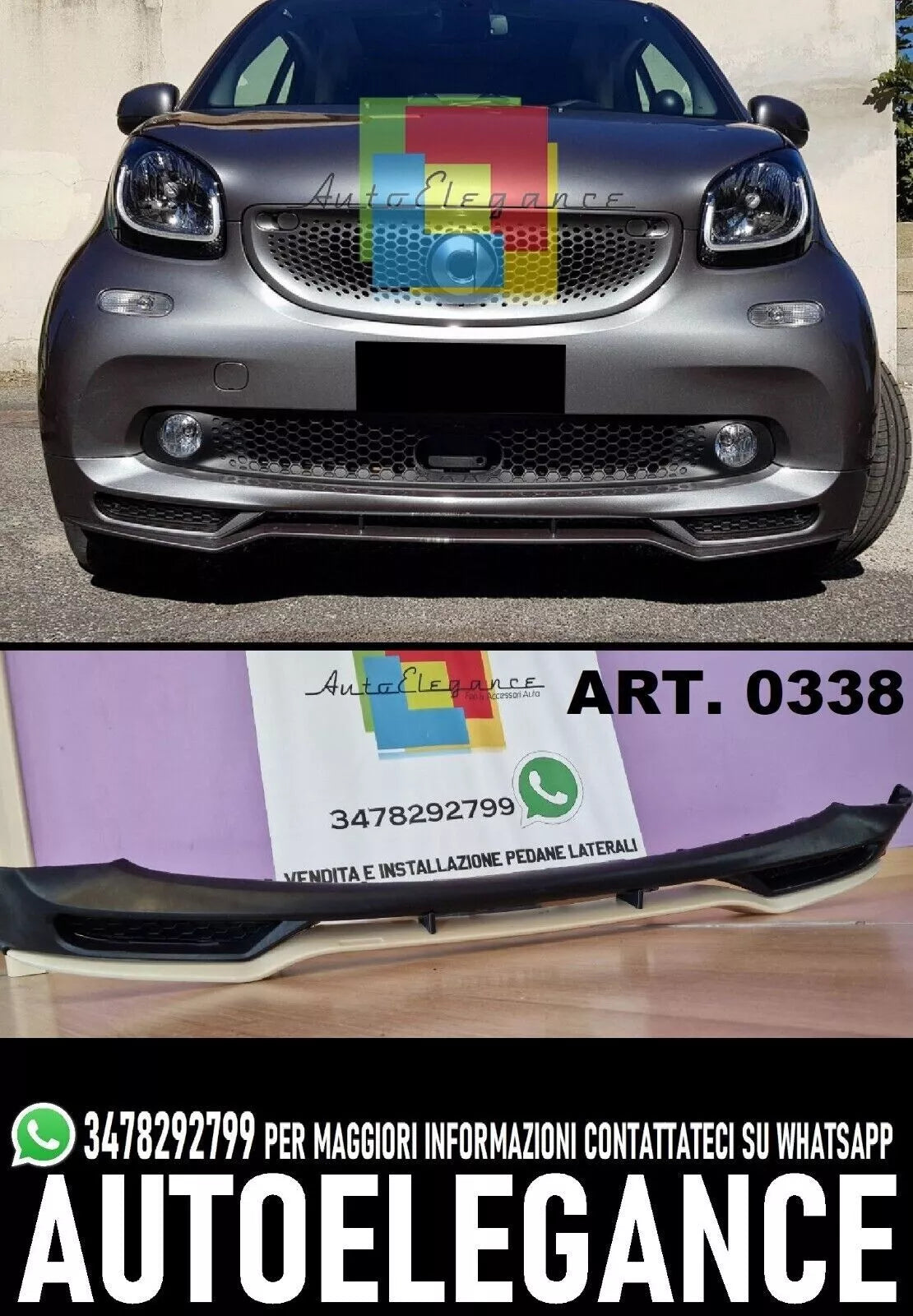 0338⭐SMART FORTWO 453 2014+ SPOILER SOTTO PARAURTI ANTERIORE SPORTIVO IN ABS⭐