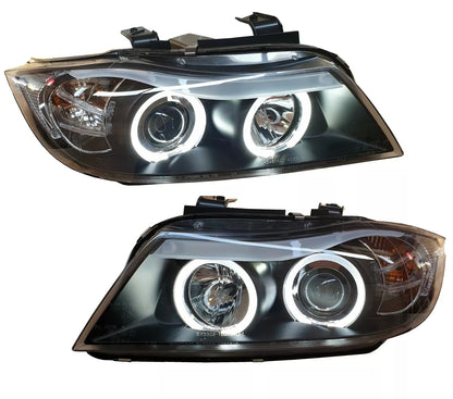 FANALE LED ANGEL EYES PER BMW E90 E91 05-08 NERO FARO PRINCIPALE