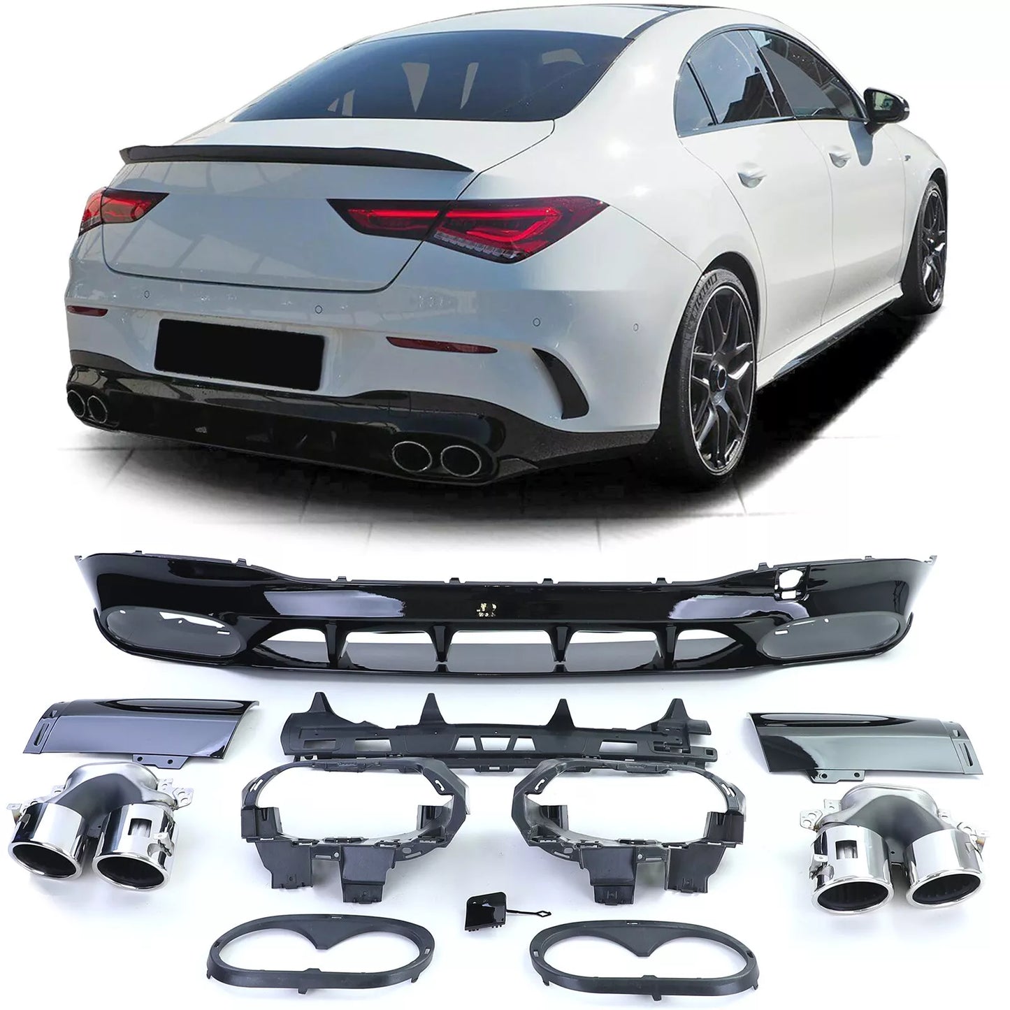 ⭐Glossy Black Sports Diffuser with Exhaust Tips for Mercedes CLA C118⭐