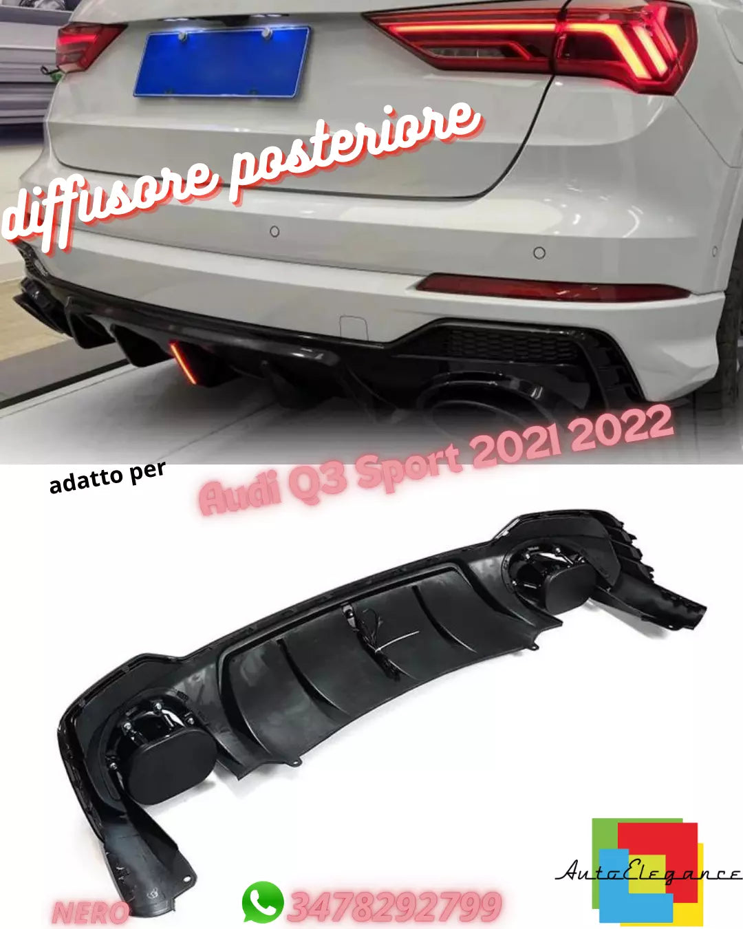 DIFFUSORE ADATTO PER Q3 F3 2018+ SUV SOLO PER SLINE LOOK RSQ3 GLOSS BLACK