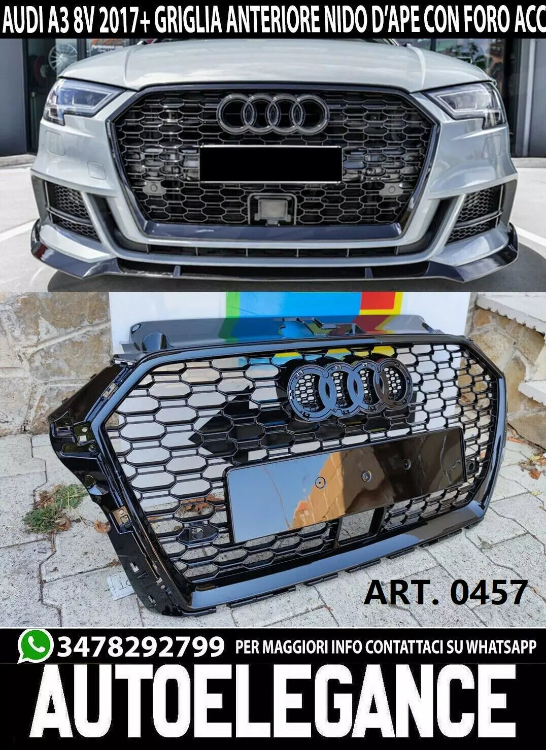🔥0457 GRIGLIA PER AUDI A3 8V 2017-2020 NIDO D'APE BLACK RS3 FORO ACC RADAR🔥