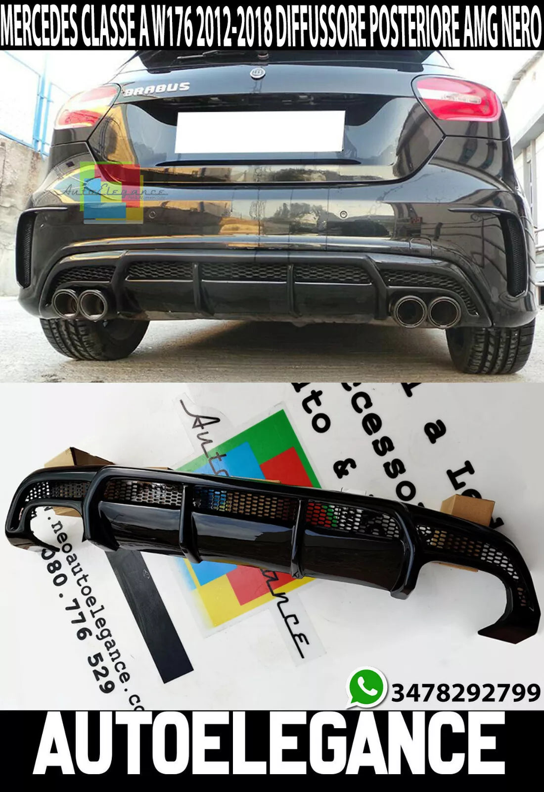 Mercedes Classe A W176 2012-2018 Posteriore ABS AMG Diffusore Nero Lucido AMG