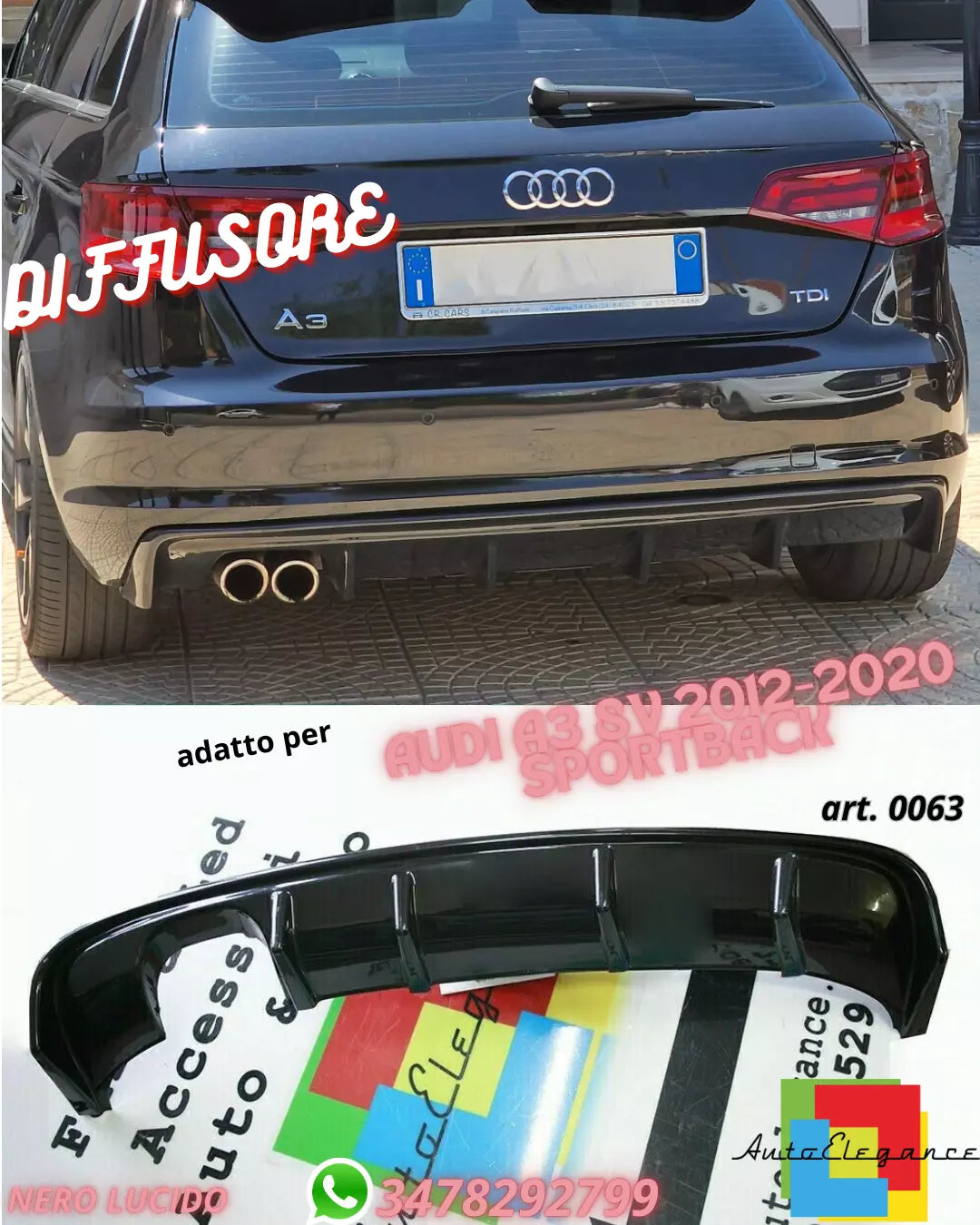 ✨DIFFUSORE ADATTO PER AUDI A3 8V LOOK RS3 12-16 LOOK NERO LUCIDO 2SX SPORTY✨
