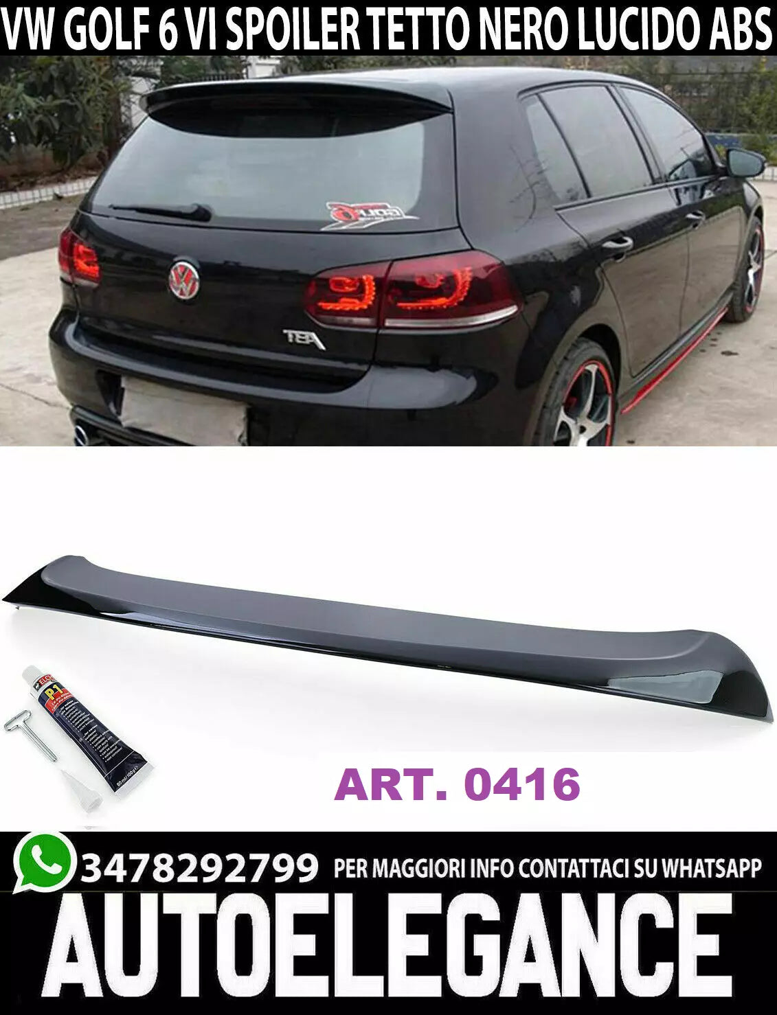 0416 SPOILER TETTO PER VW GOLF 6 VI 2008 AL 2012 POSTERIORE SPORTIVO NERO LUCIDO