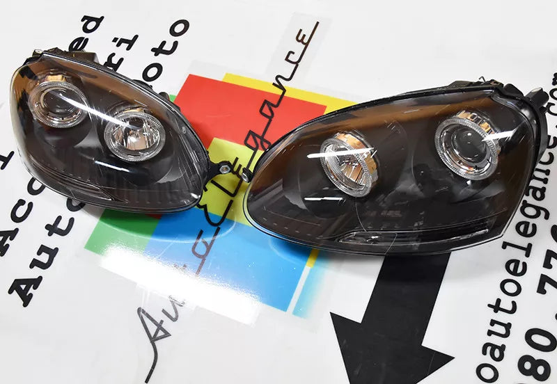🔥FARI ANTERIORI ADATTI A VW GOLF 5 V 03-08  NERI ANGEL EYES BIANCHI A LED🔥