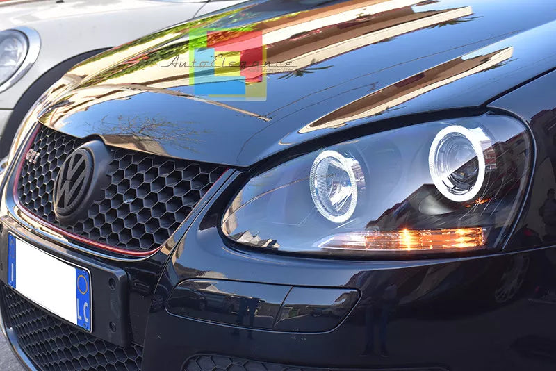 🔥FARI ANTERIORI ADATTI A VW GOLF 5 V 03-08  NERI ANGEL EYES BIANCHI A LED🔥