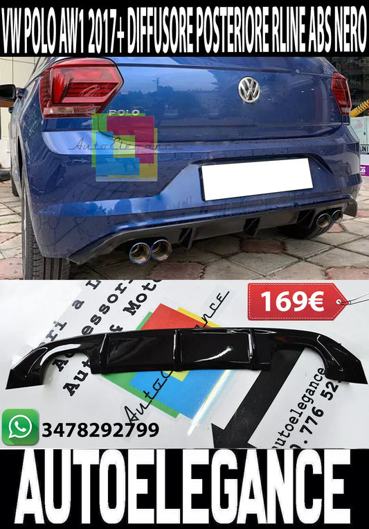 VW POLO AW1 MK6 2017+ DIFFUSORE ABS RLINE SOTTO PARAURTI POSTERIORE NERO LUCIDO