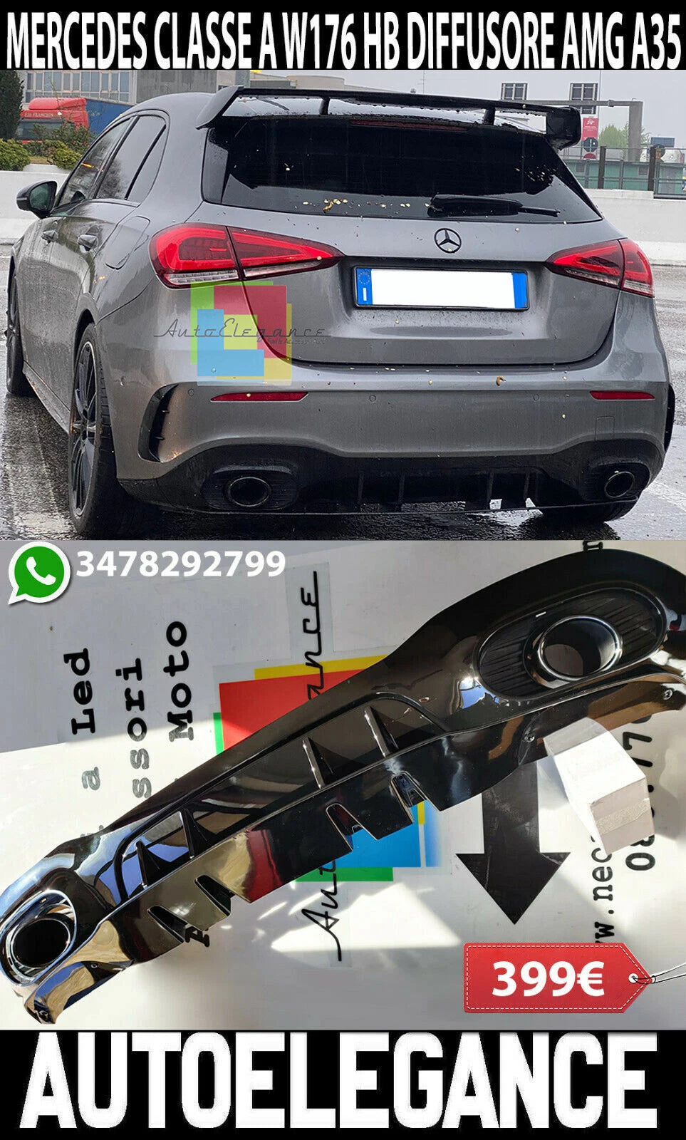 0454 MERCEDES CLASSE A W177 2018+ DIFFUSORE POSTERIORE SOTTO PARAURTI AMG A35