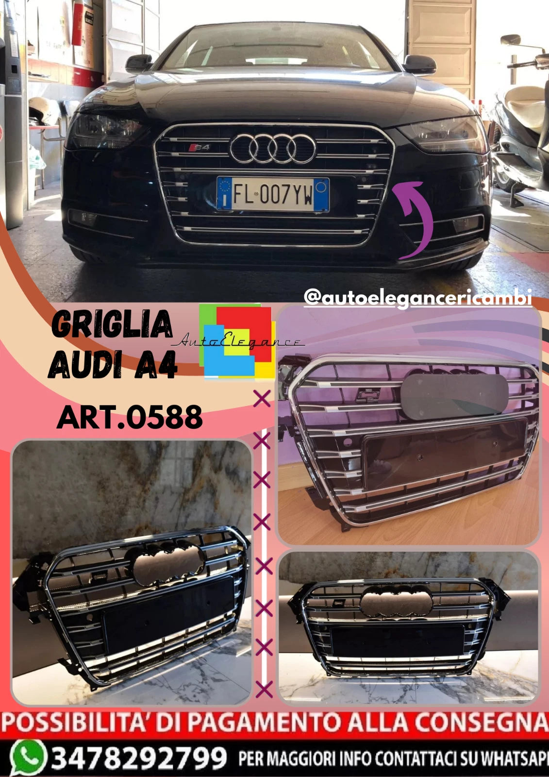 🔥ART.0588 GRIGLIA ANTERIORE PER AUDI A4 S4 B8 2012-2015 LIFT CALANDRA LOOK S4🔥