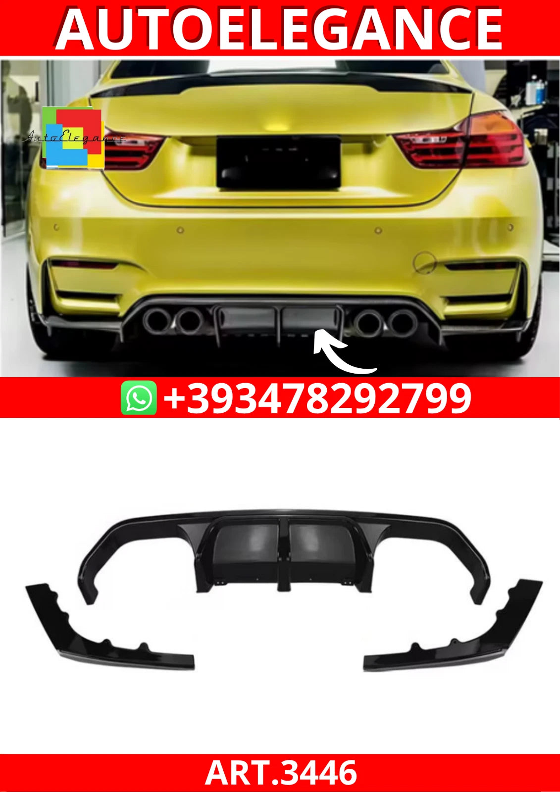 💕ART.3446 Diffusore M3 Look per Bmw 3 (F30) (2011-2018) Nero Lucido💕
