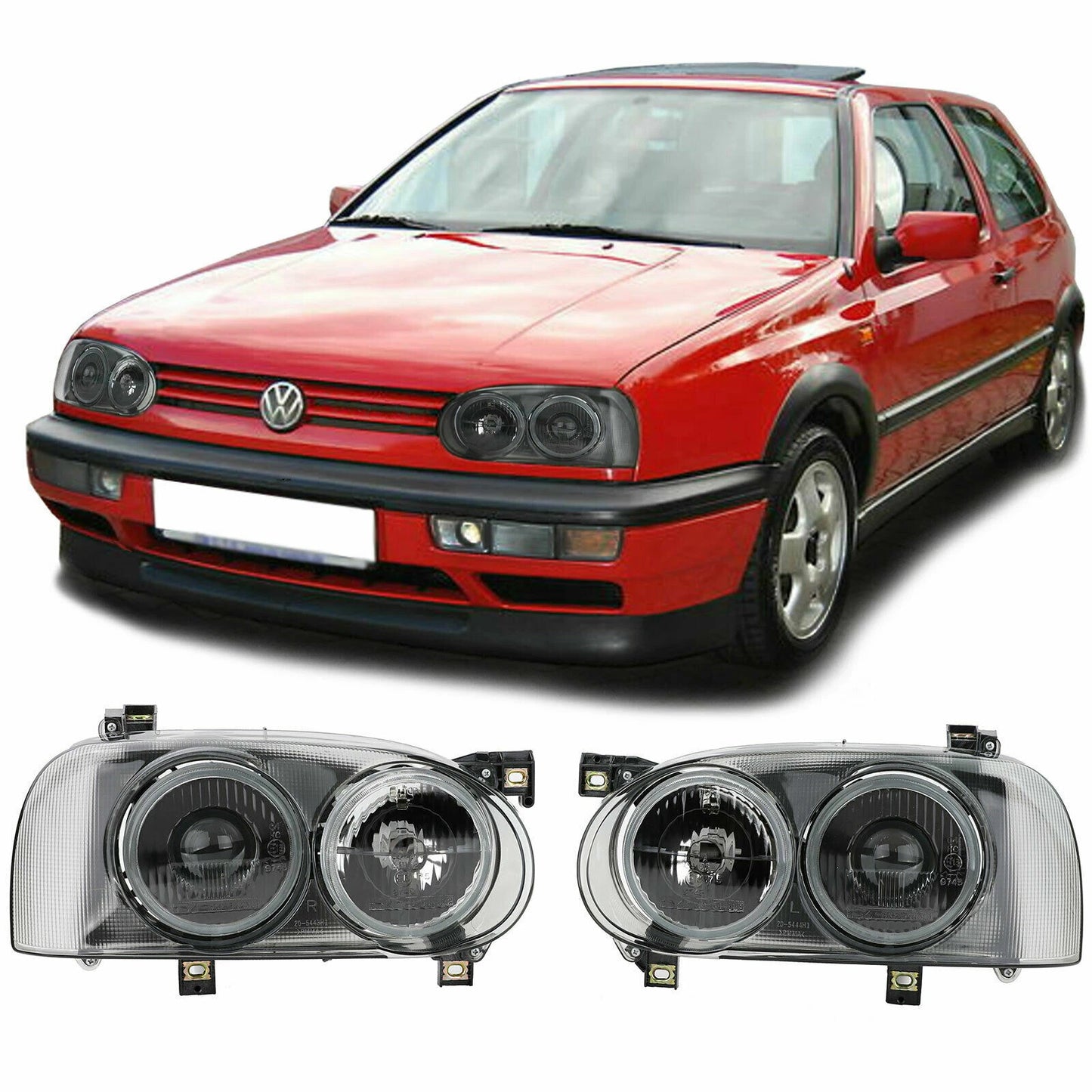 COPPIA FARI ANTERIORI VW GOLF 3 ANGEL EYES VETRO 91-97