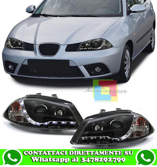 SEAT IBIZA 6L 2002-2008 FARI ANTERIORI CROMATI CON LUCE DIURNA LED XENON LOOK