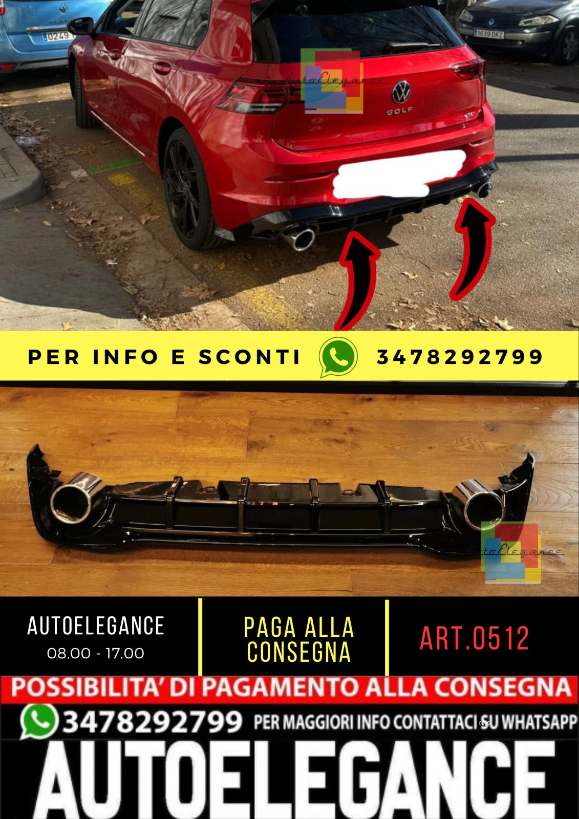 0512🔥DIFFUSORE POSTERIORE VW GOLF 8 19+ SOTTO PARAURTI TERMINALI GTI ABS 1+1🔥