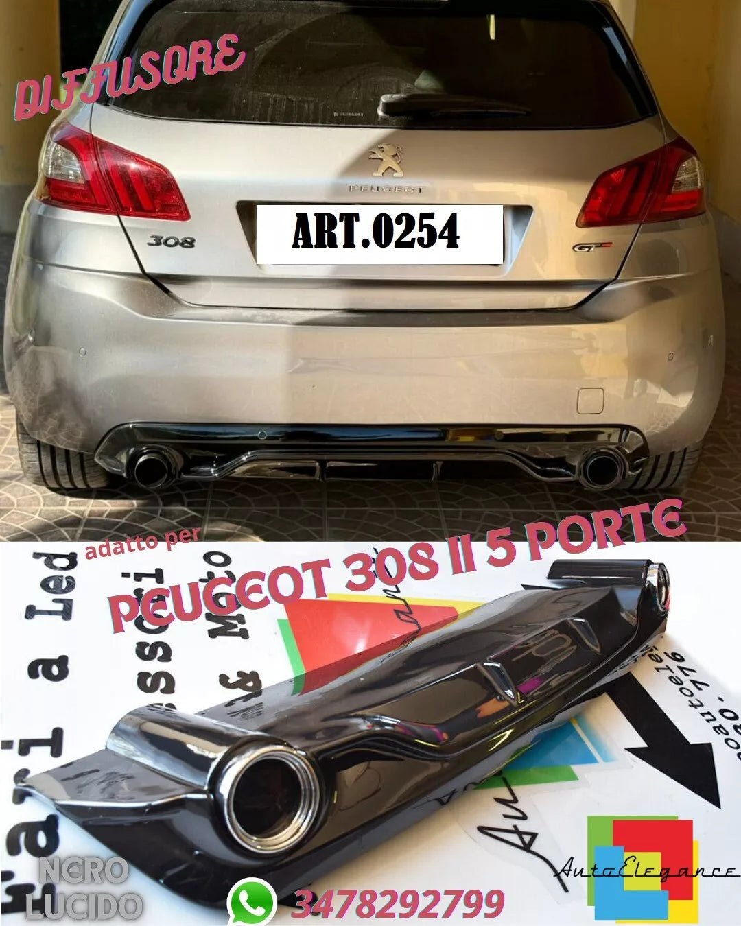 0254🔝DIFFUSEUR SOUS PARE-CHOCS POUR PEUGEOT 308 II 5 PORTES LOOK GTI