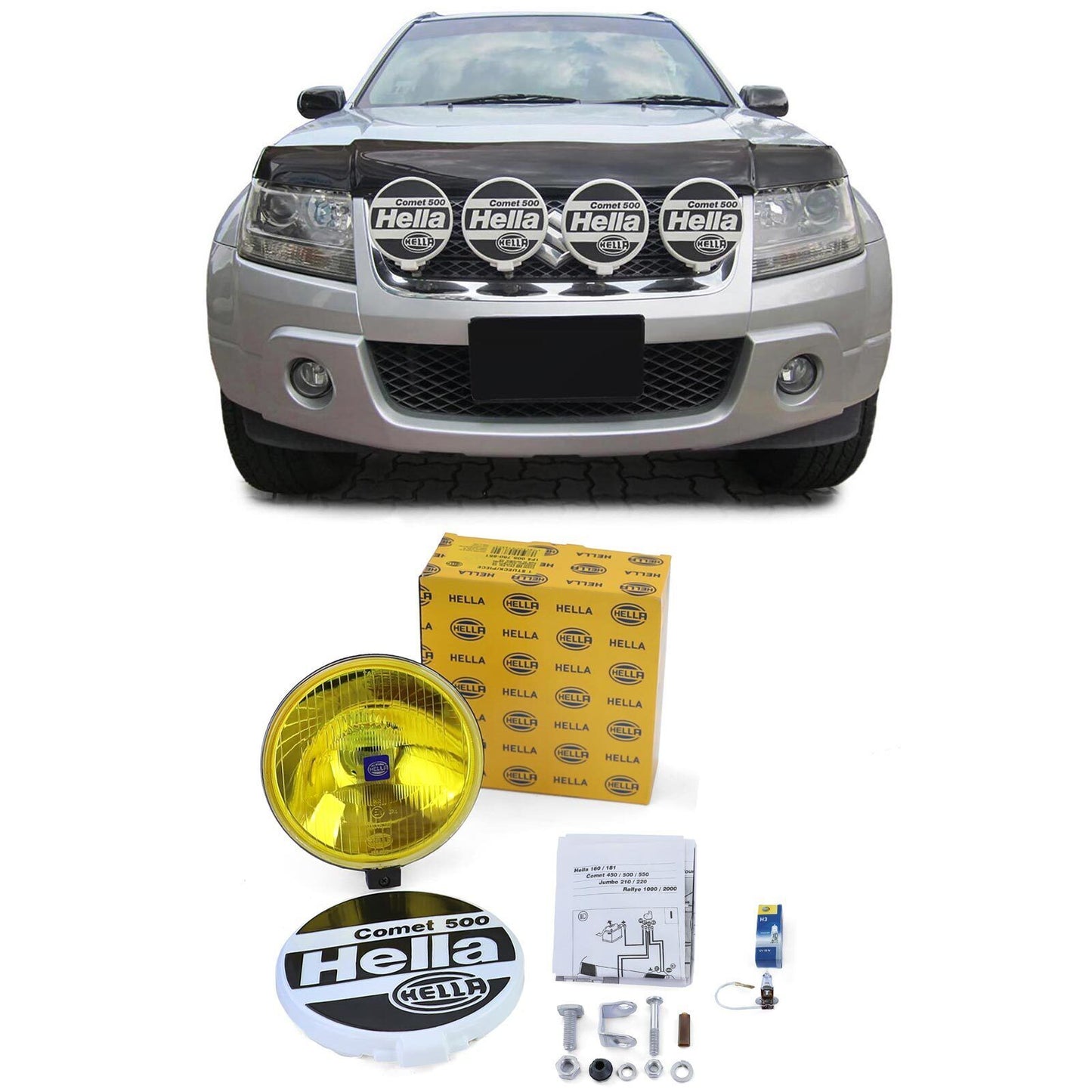 Original Hella Comet 500 H3 headlights with universal round yellow cap