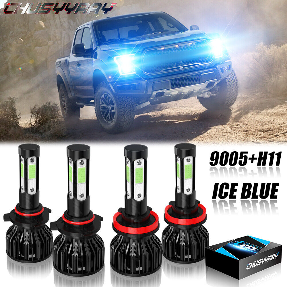 4pc Combo LED Headlight Bulb Conversion Kit 9005 H11 High Low Beam BLUE 8000K 