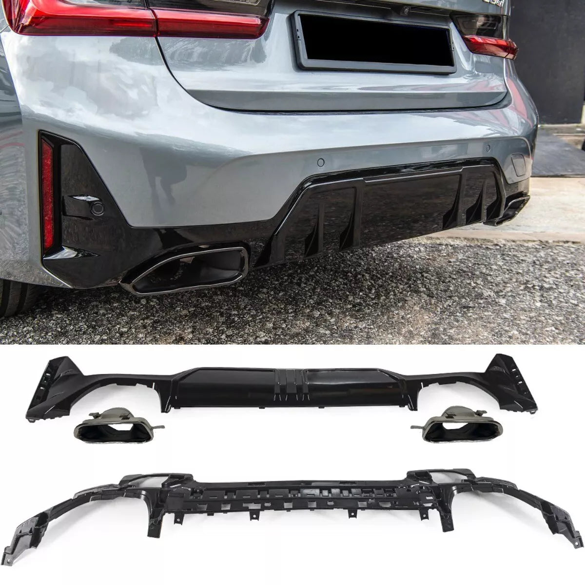 Diffusore + terminali di scarico(CHROMO)ADATTO PER BMW SERIE 3 G20 / G21 LCI