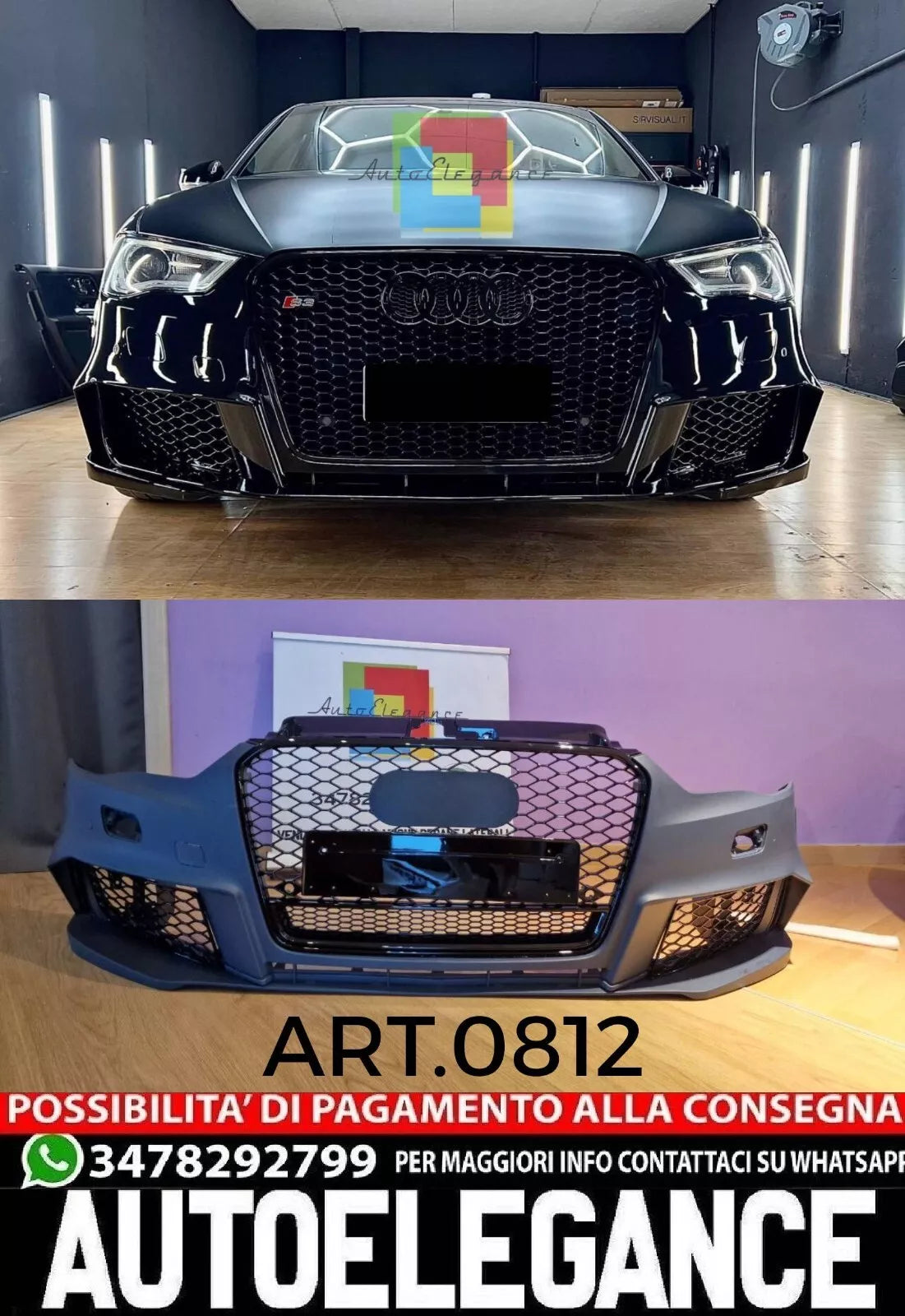 PARAURTI ANTERIORE ADATTO PER AUDI A3 8V 2012-2016 LOOK RS3 + GRIGLIA QUATTRO