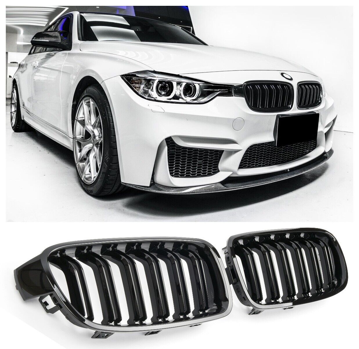 SUITABLE FOR BMW 3 SERIES F30 F31 SPORT GRILL DOUBLE BRACKET GLOSS BLACK 