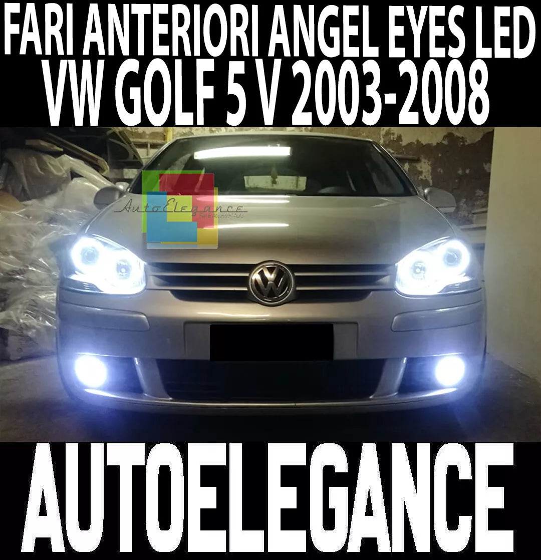 VW 5 V 2003-2008 Faro Anteriore Nero Angel Eyes Bianco Led Lenticolare