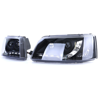 Fari con luci di marcia diurna a LED in ottica nera aftermarket compatibile con VW Transporter Bus T5 03-09