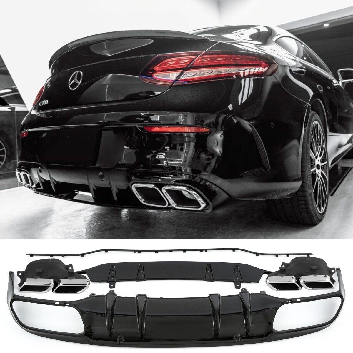 DIFFUSORE POSTERIORE + SCARICO (CROMATO) CON LOOK C63 AMG PER MERCEDES A205 C205