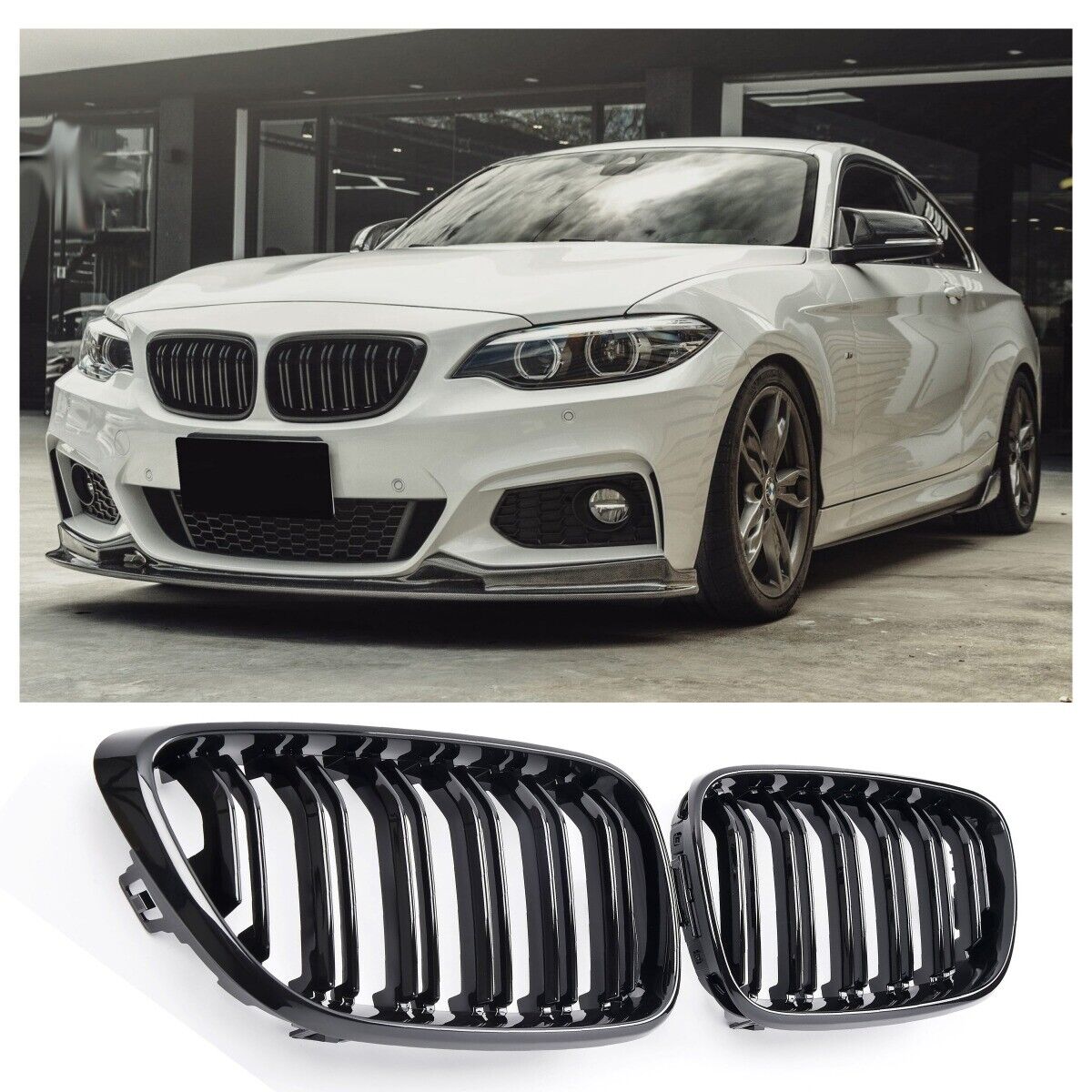 SUITABLE FOR BMW 2 SERIES F22 F23 F87 RADIATOR GRILLE DOUBLE STRIPE GLOSS BLACK
