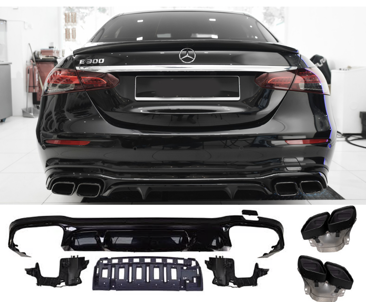 Suitable for Mercedes W213 E-Class Rear Spoiler Diffuser + Exhaust Tips 