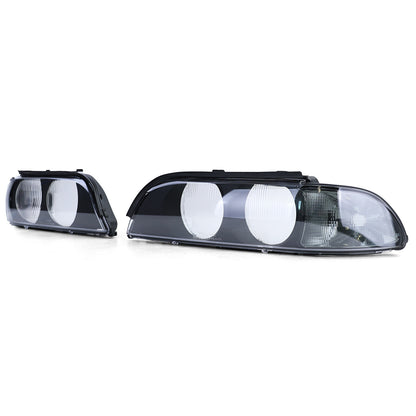 Pair of Headlight Lenses Black Smoke TYC compatible for BMW 5 Series E39 