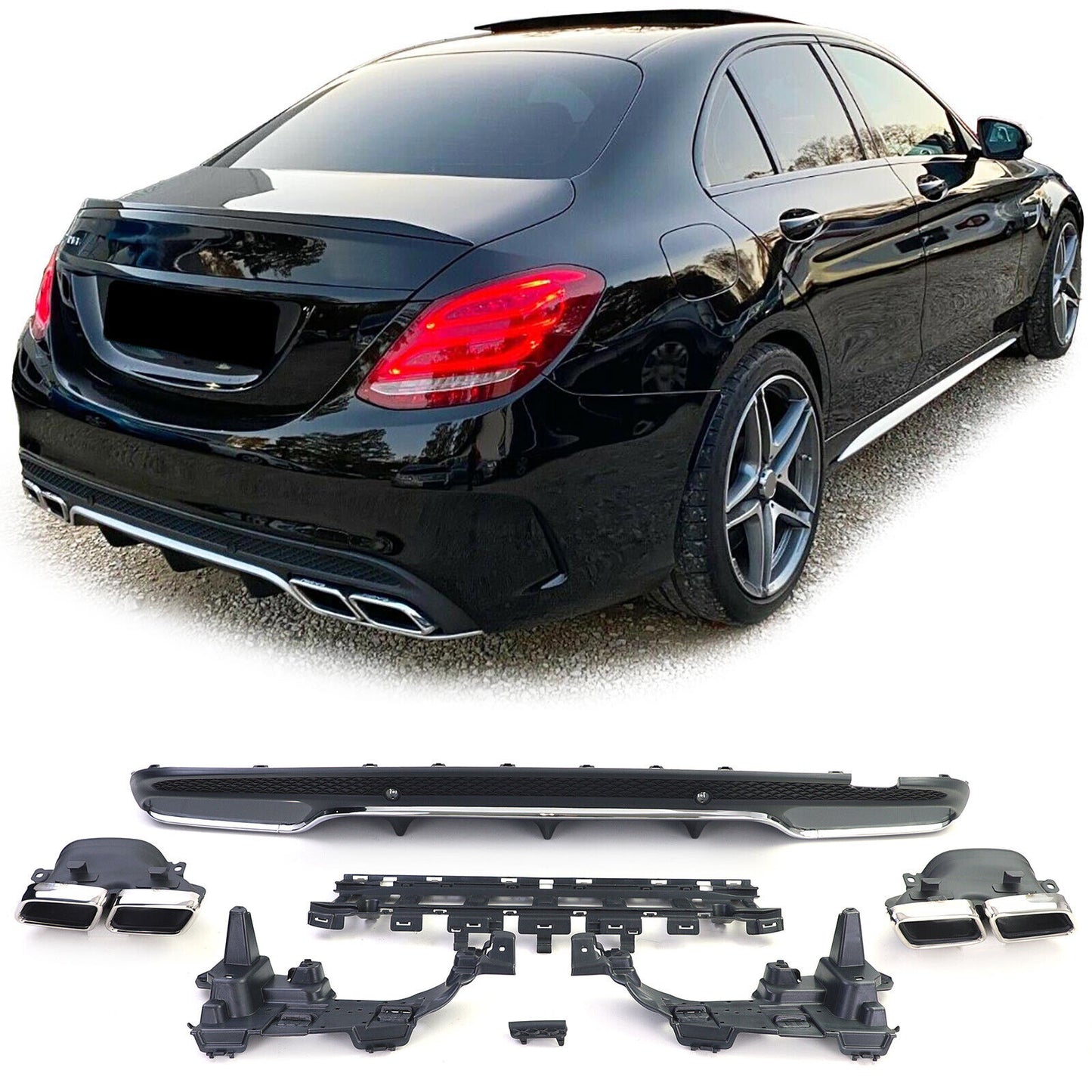 Aftermarket Chrome Sport Rear Diffuser with Exhaust Tips Compatible with Mercedes C W205 S205 14-18 